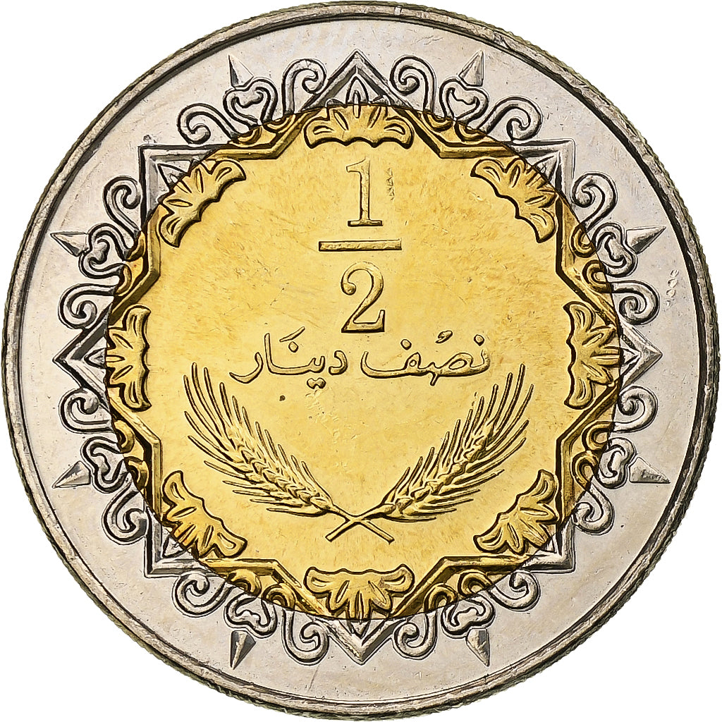 Libia, 1/2 Dinar, 2004, Bimetaliczny, MS(63), KM:27