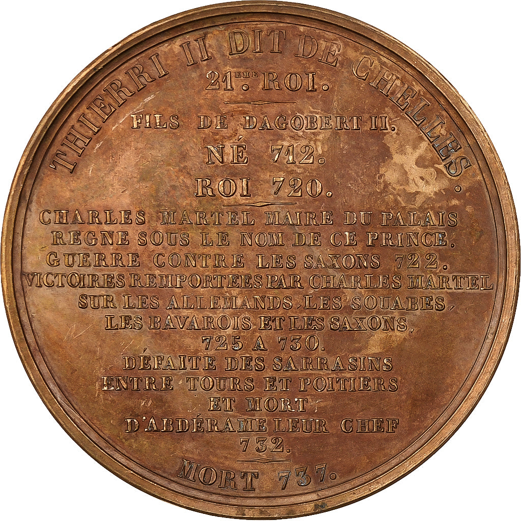 France, Medal, Les Rois de France, Thierri II, 1840, Bronze, Caqué, AU(50-53)