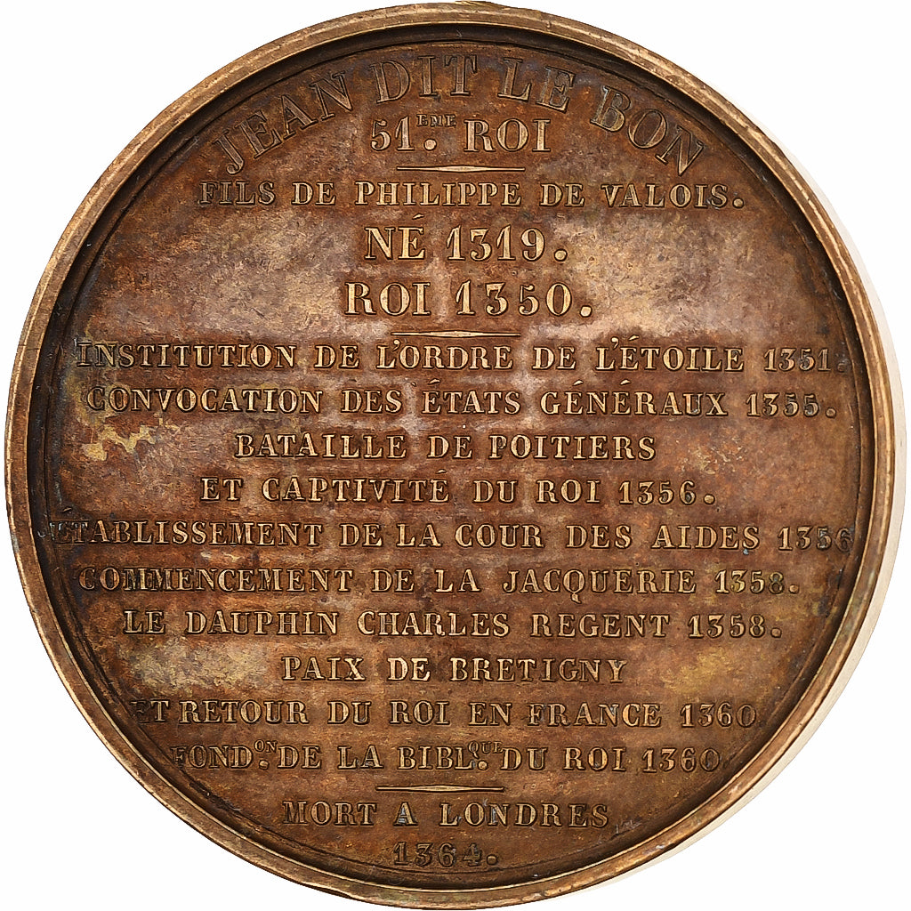 França, medalha, Les Rois de France, Jean II, 1837, Bronze, Caqué, AU(55-58)
