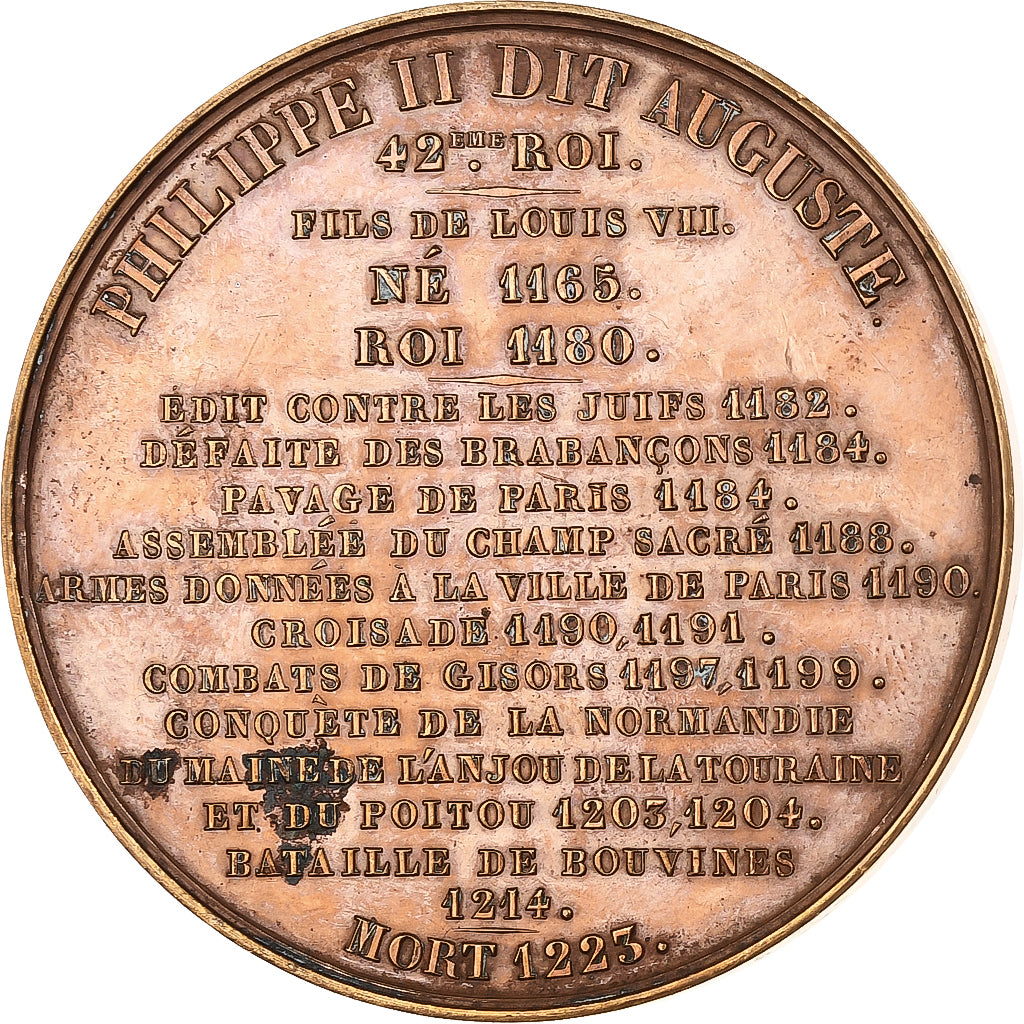 Francia, medalla, Les Rois de France, Philippe II, 1838, Cobre, Caqué, MBC+