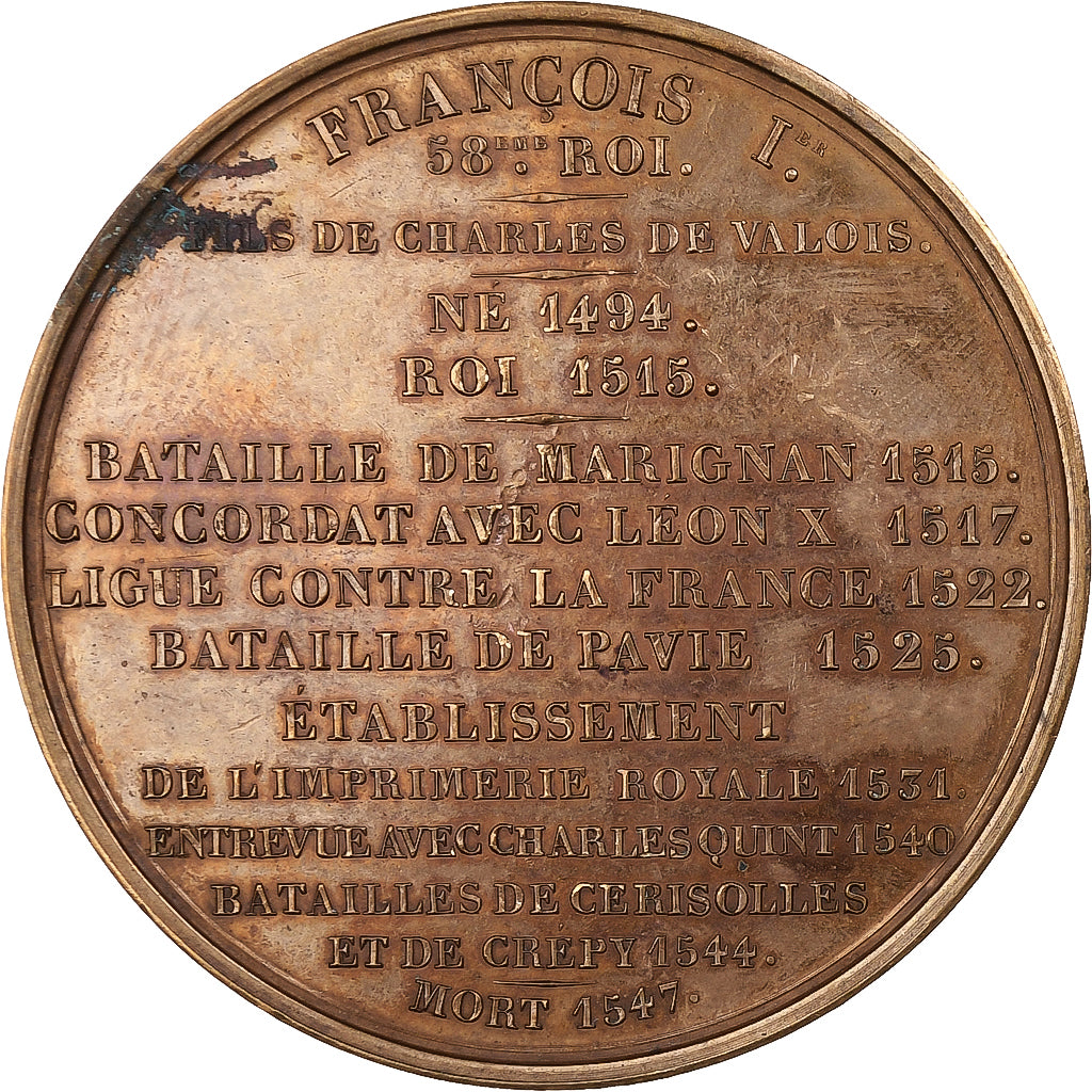 Francia, medalla, Les Rois de France, François Ier, 1836, Bronce, Caqué, MBC+