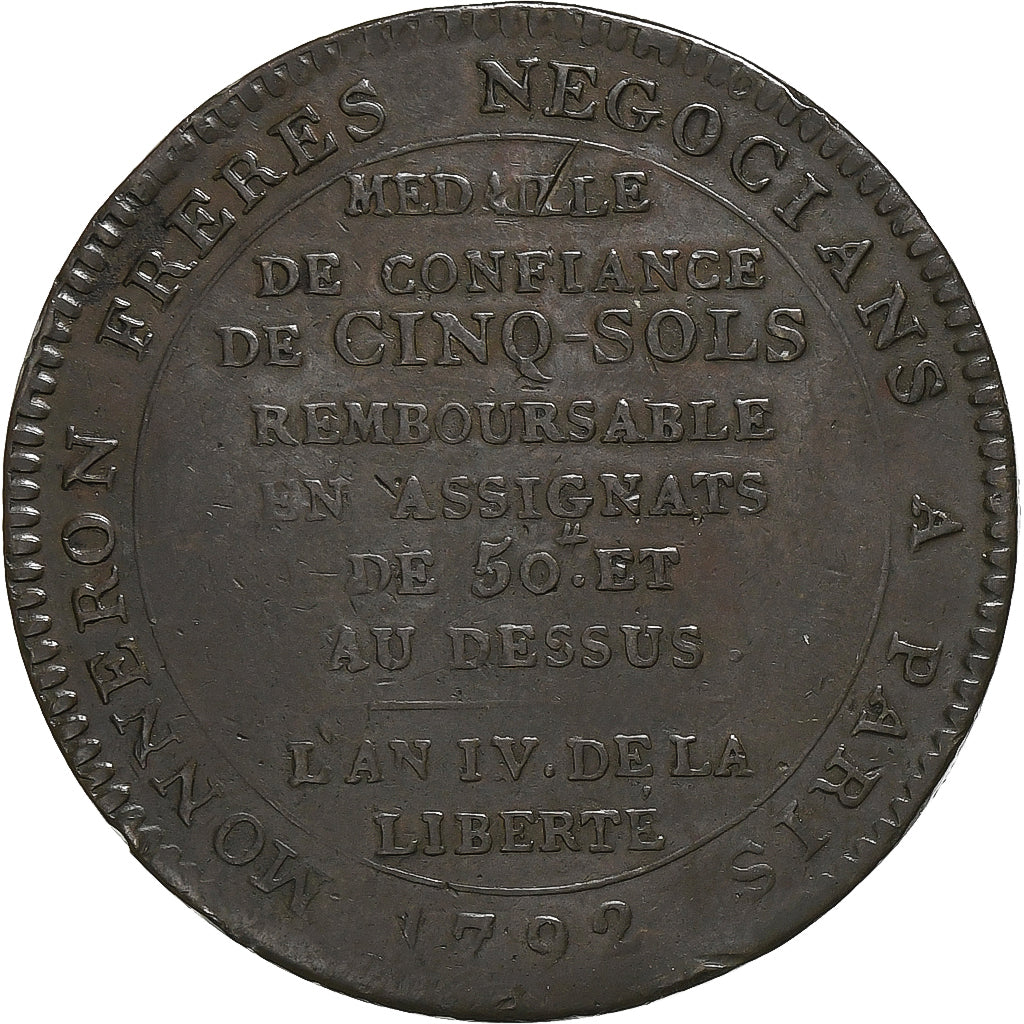 France, Médaille, Monneron de 5 Sols au serment, 1792, Bronze, TTB+