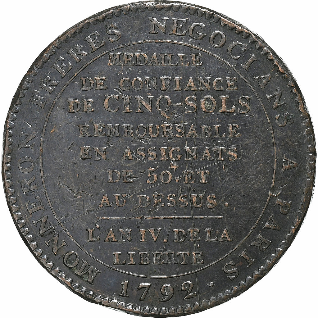 France, Medal, Monneron de 5 Sols au serment, 1792 / AN 4, Copper, EF(40-45)