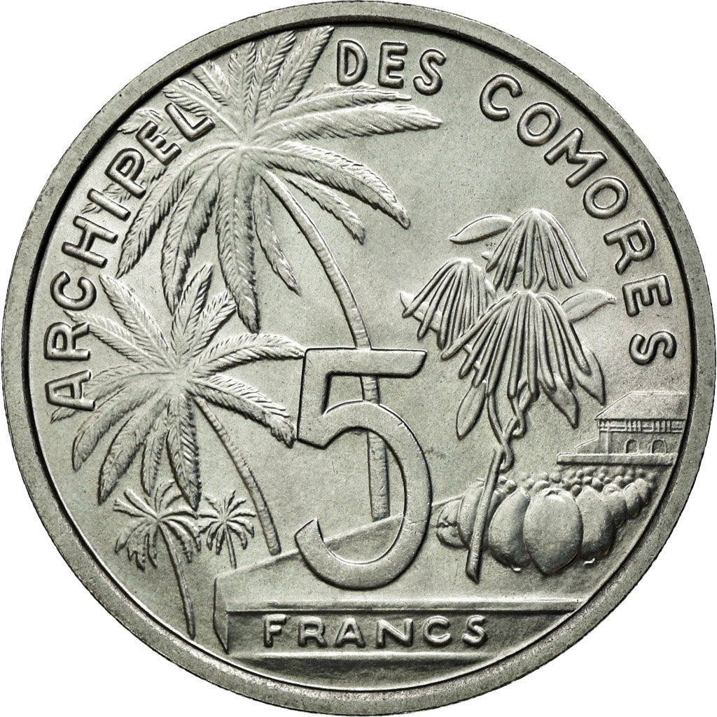 Coin, Comoros, 5 Francs, 1964, Paris, MS(65-70), Aluminium, Lecompte:36