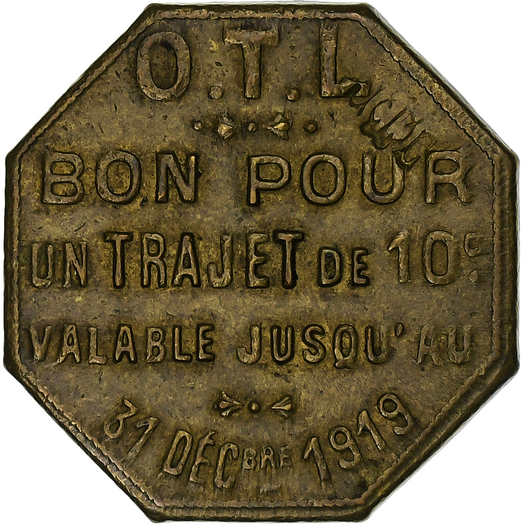 França, Lyon - O.T.L., 10 Centimes, 1919, AU(55-58), Latão