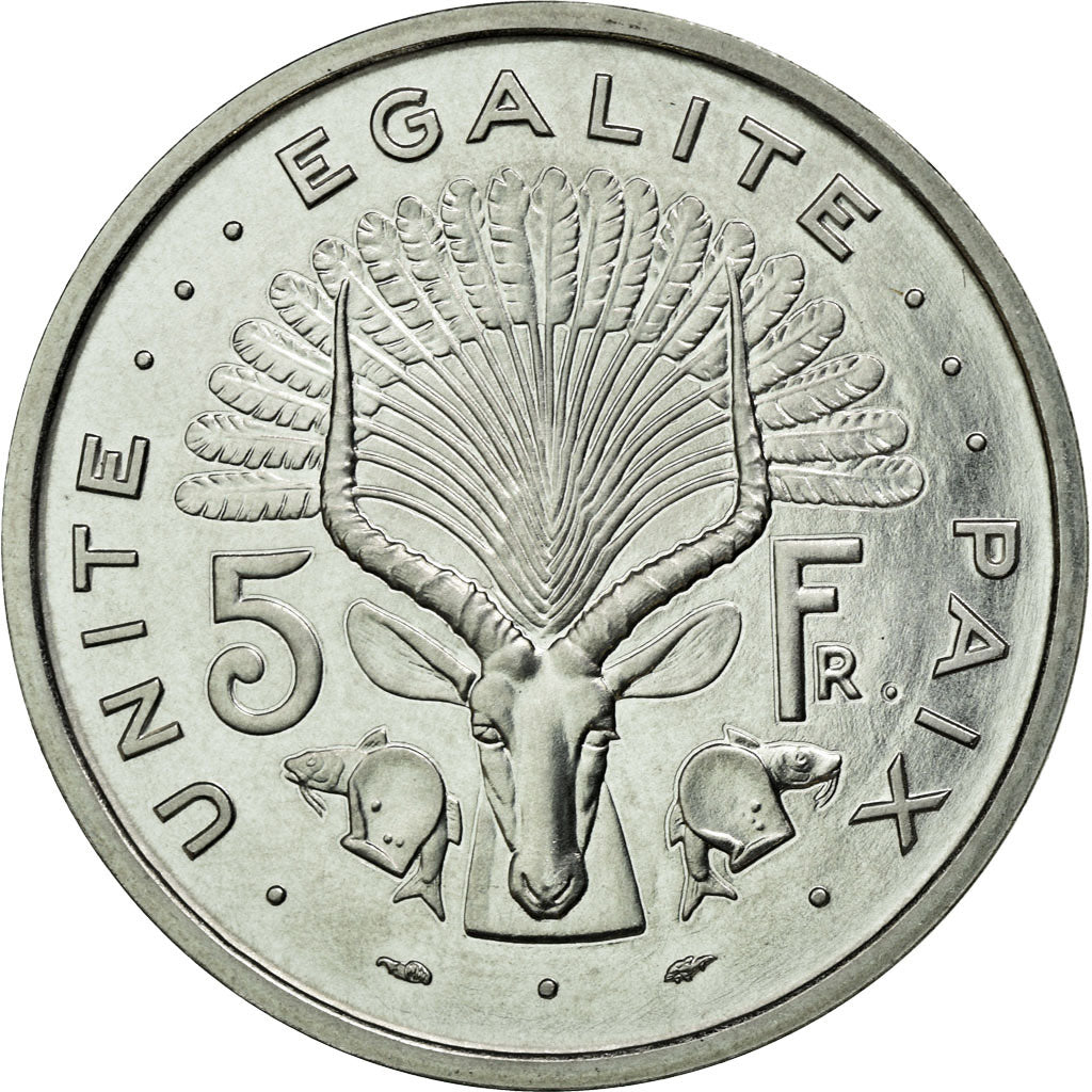 Coin, Djibouti, 5 Francs, 1977, MS(65-70), Aluminium, KM:E3