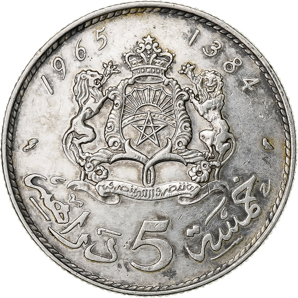 Morocco, al-Hassan II, 5 Dirhams, 1965/AH1384, Paris, Silver, AU(50-53), KM:57