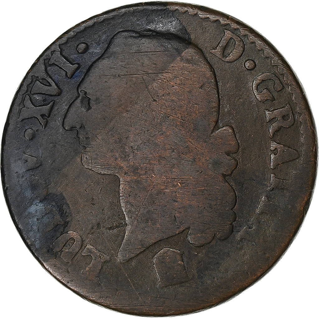 France, Louis XVI, Sol, Sol ou sou, 1788, Bordeaux, 1er sem, Copper, VG(8-10)