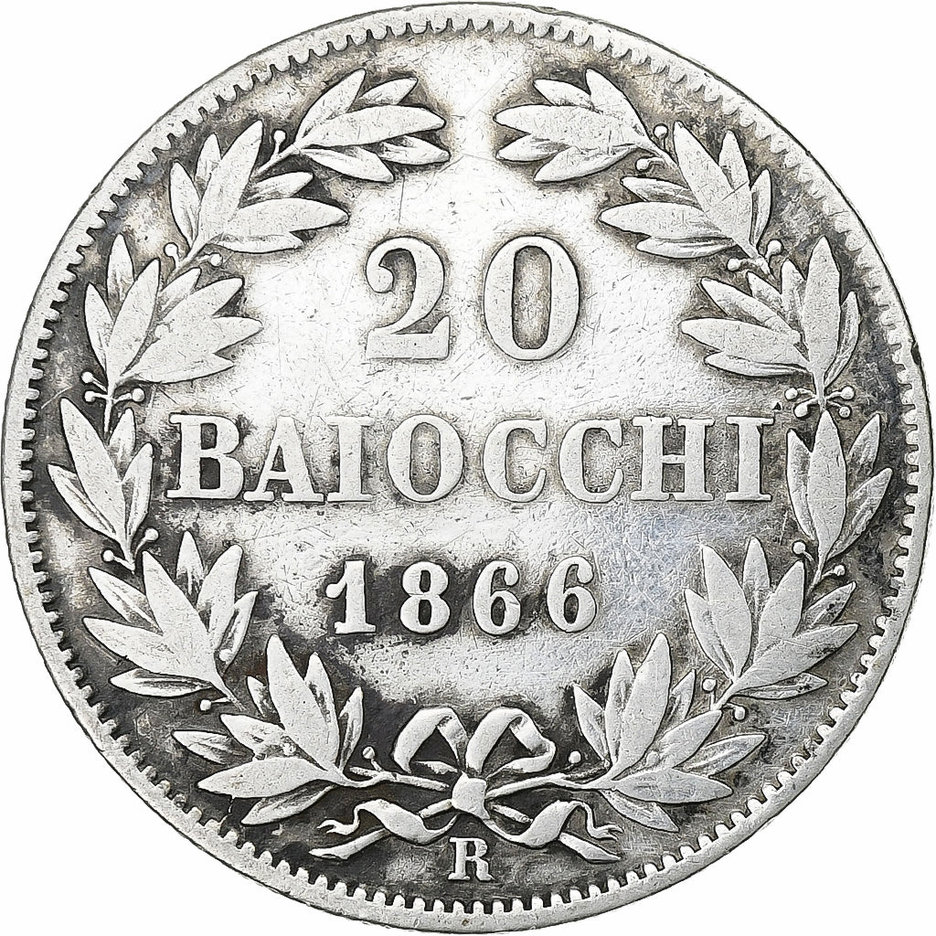 ITALIAN STATES, PAPAL STATES, Pius IX, 20 Baiocchi, 1866, Rome, Silver