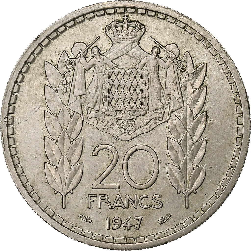 Monaco, Louis II, 20 Francs, Vingt, 1947, Paris, Copper-nickel, AU(50-53)