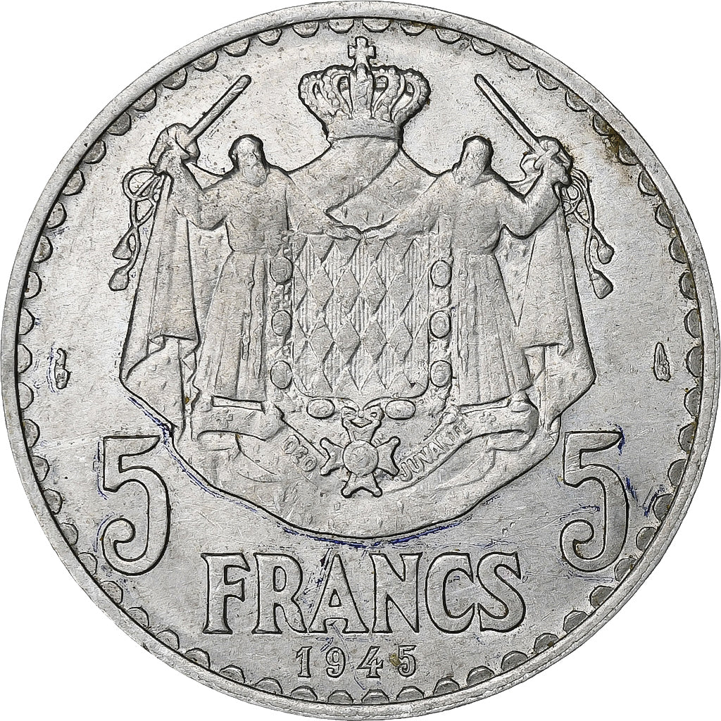 Monaco, Louis II, 5 Francs, 1945, Paris, Aluminum, AU(50-53), Gadoury:MC135