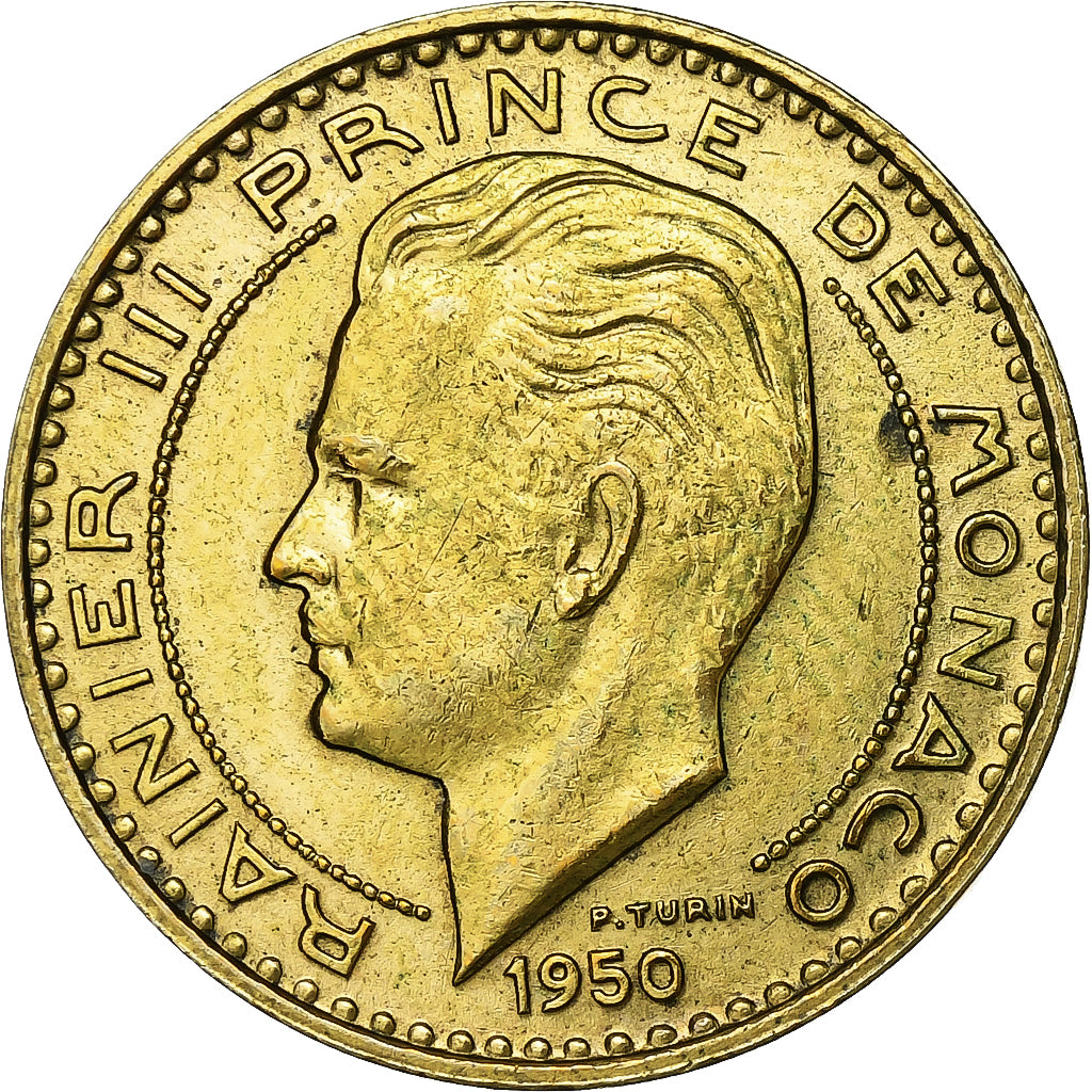 Monaco, Rainier III, 20 Francs, Vingt, 1950, Paris, Aluminum-Bronze, SS+