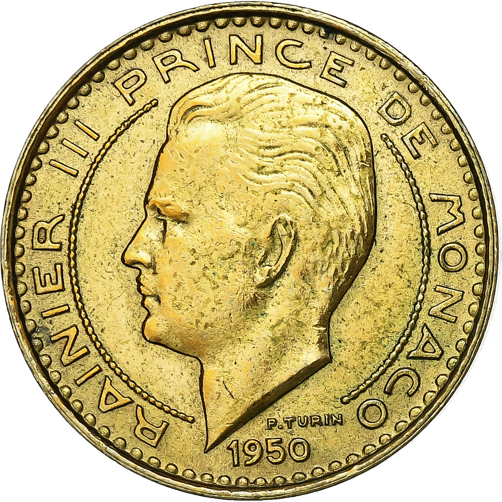 Mónaco, Rainier III, 10 Francs, 1950, Paris, Aluminio - bronce, MBC, Gadoury:MC