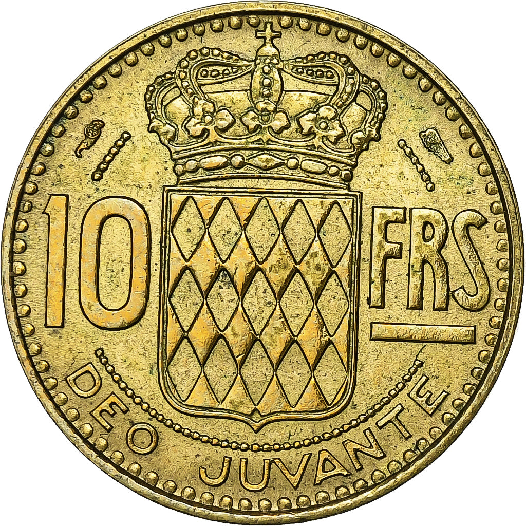 Mónaco, Rainier III, 10 Francs, 1950, Paris, Aluminio - bronce, MBC, Gadoury:MC