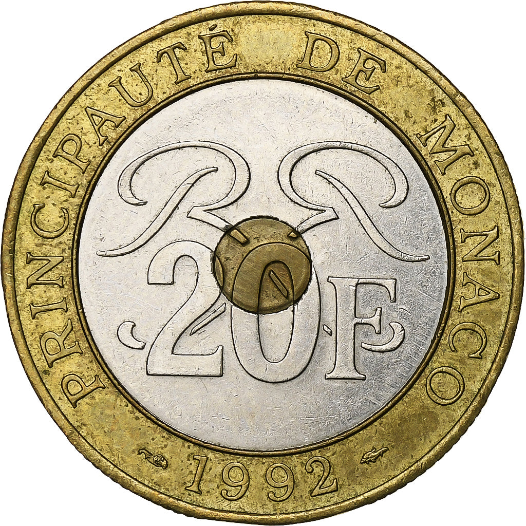 Monaco, Rainier III, 20 Francs, 1992, Paris, Tri-metallico, BB+, Gadoury:MC161