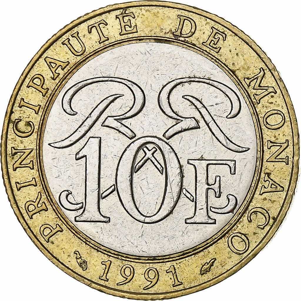Monaco, Rainier III, 10 Francs, 1991, Paris, Bi-Metallic, AU(55-58)