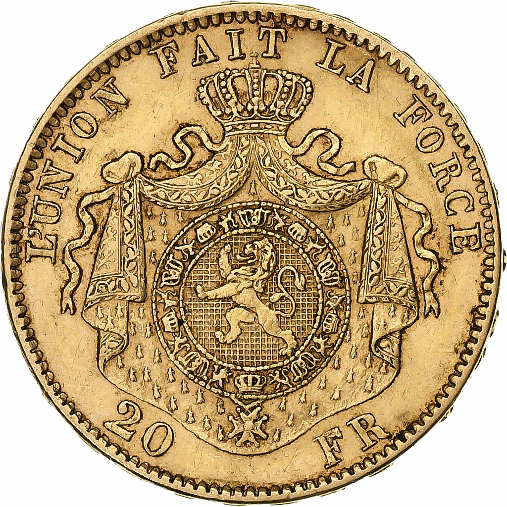 Bélgica, Leopold II, 20 Francs, 20 Frank, 1877, Dourado, AU(50-53), KM:37