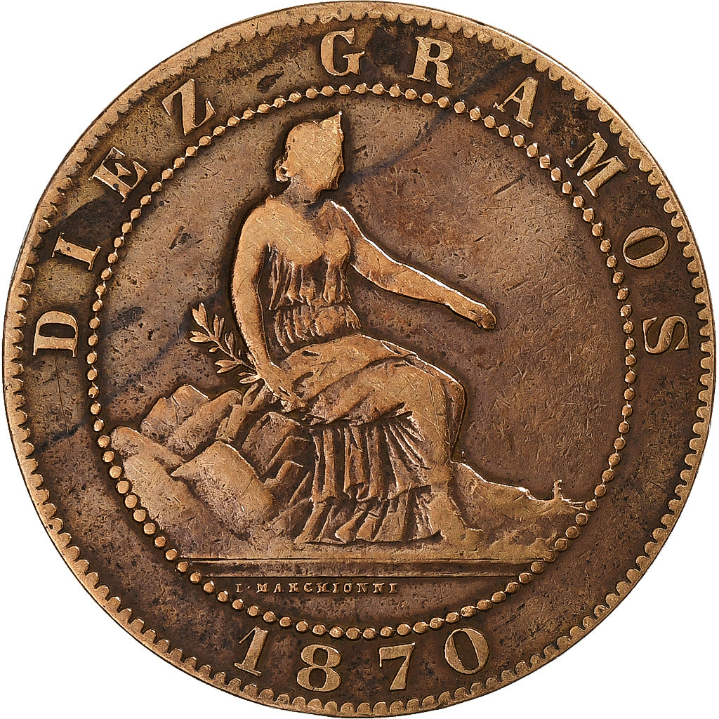 Spagna, Provisional Government, 10 Centimos, 1870, Madrid, Rame, MB+, KM:663