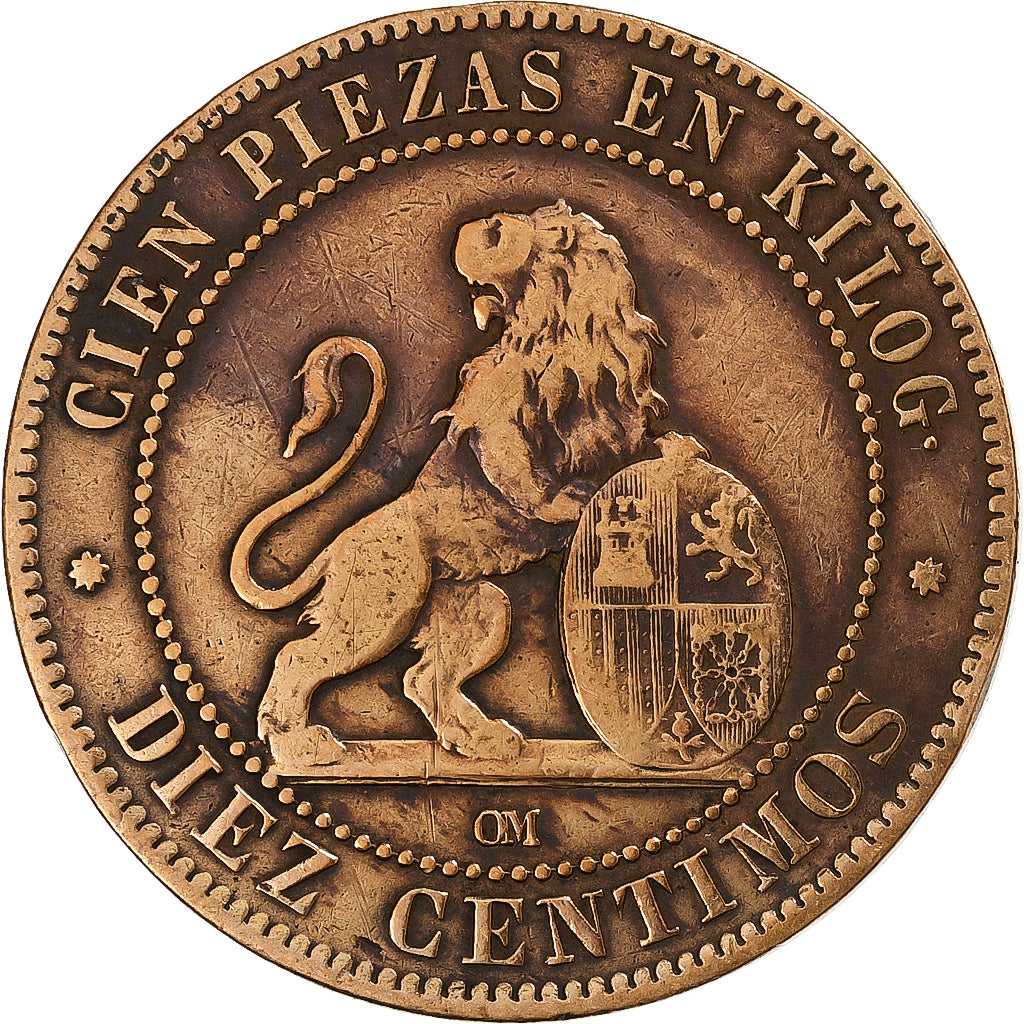 Spagna, Provisional Government, 10 Centimos, 1870, Madrid, Rame, MB+, KM:663