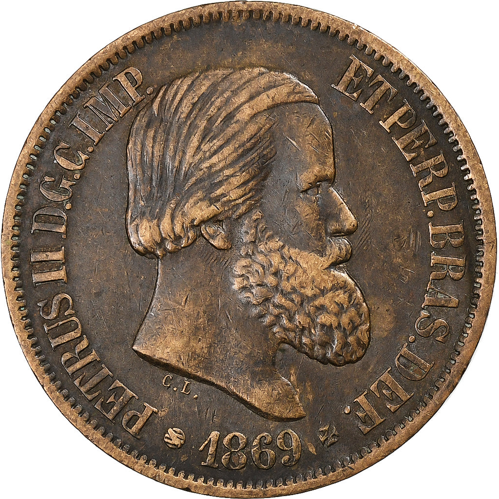 Brazil, Pedro II, 20 Reis, 1869, Bronze, AU(50-53), KM:474