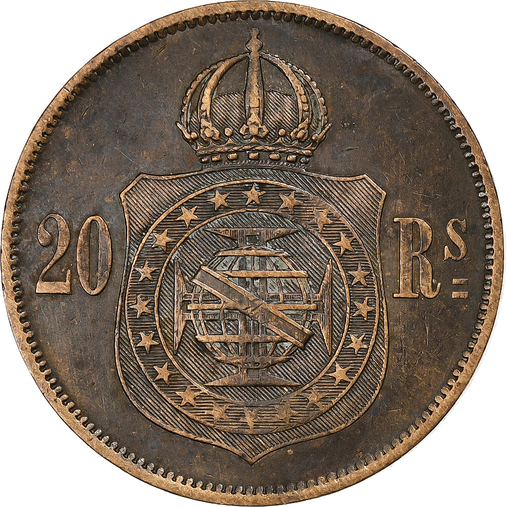 Brazil, Pedro II, 20 Reis, 1869, Bronze, AU(50-53), KM:474