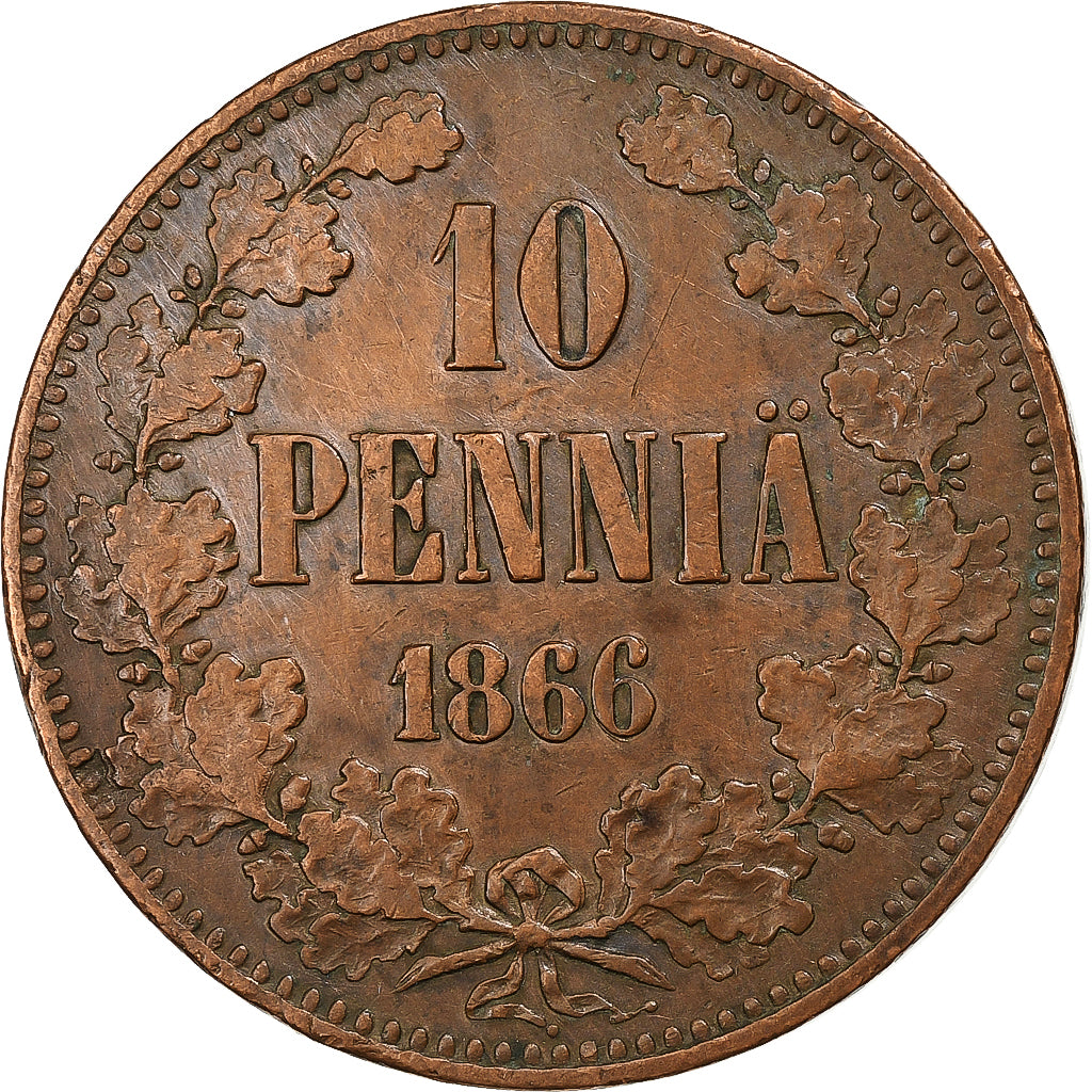 Finland, Alexander II, 10 Pennia, 1866, Copper, EF(40-45), KM:5.1