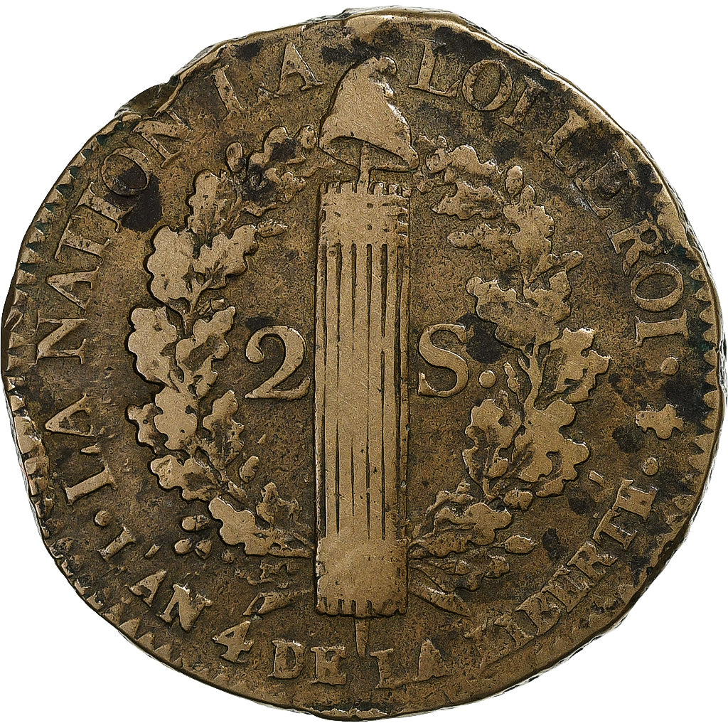 Francja, 2 Sols, 2 sols françois, 1792 / AN 4, Paris, Brązowy, VF(30-35)