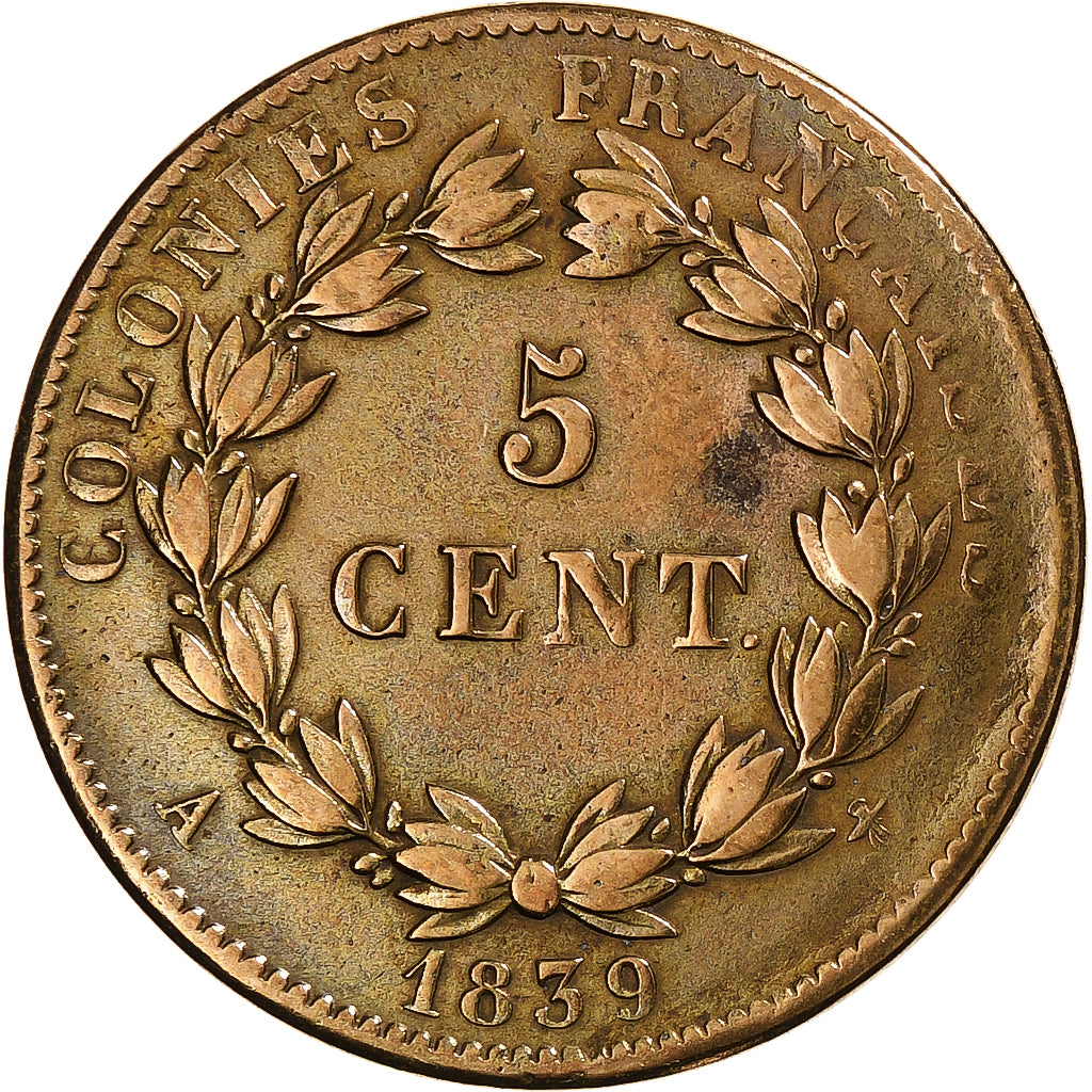 Colonie francesi, Louis - Philippe, 5 Centimes, 1839, Paris, Bronzo, MB+