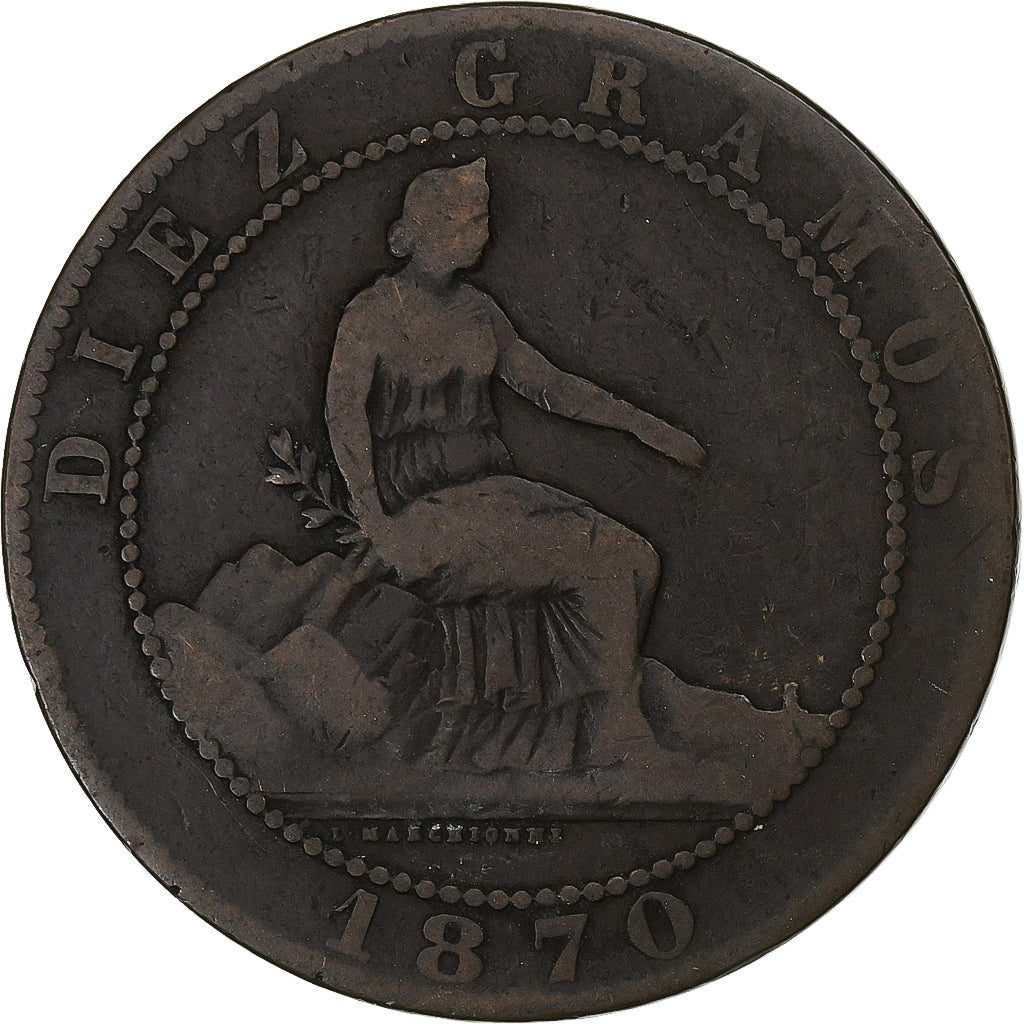 Espagne, Provisional Government, 10 Centimos, 1870, Madrid, Cuivre, B+, KM:663