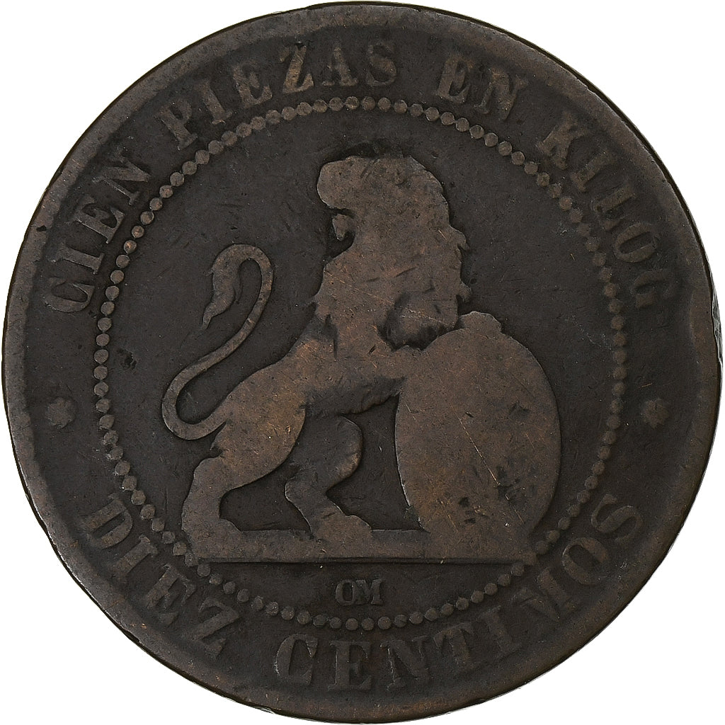 Espagne, Provisional Government, 10 Centimos, 1870, Madrid, Cuivre, B+, KM:663