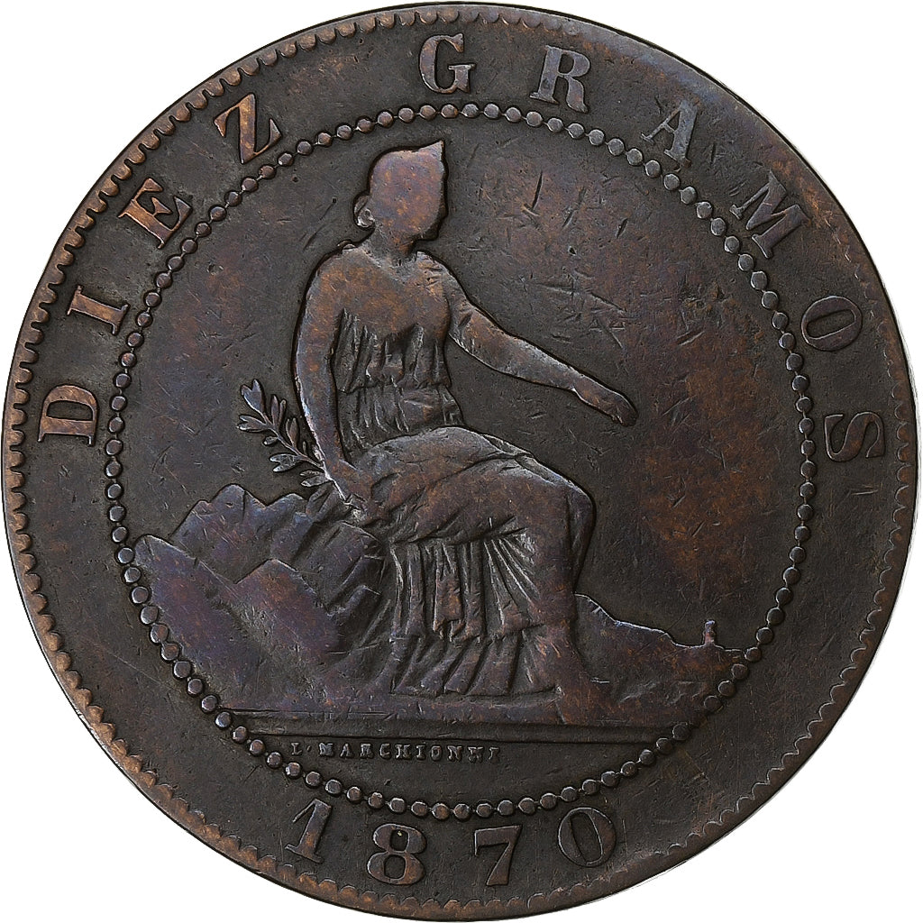 Spagna, Provisional Government, 10 Centimos, 1870, Madrid, Rame, MB+, KM:663