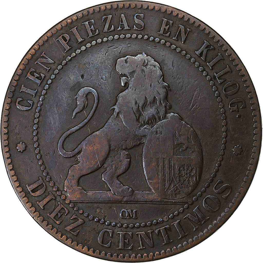 Spagna, Provisional Government, 10 Centimos, 1870, Madrid, Rame, MB+, KM:663