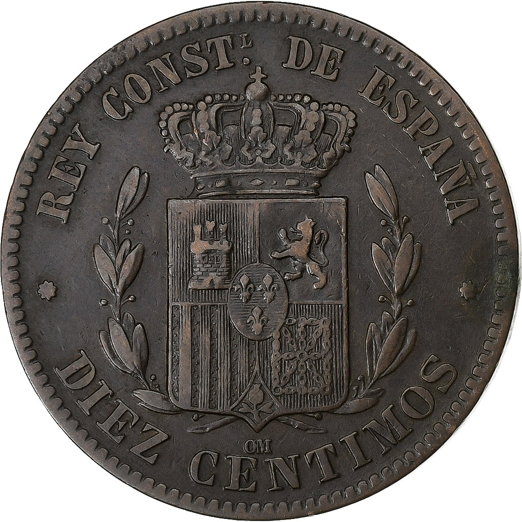 Spagna, Alfonso XII, 10 Centimos, 1877, Madrid, Bronzo, BB, KM:675
