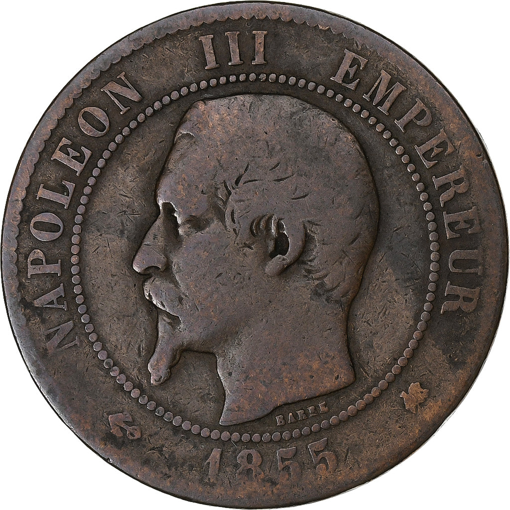 França, Napoleon III, 10 Centimes, 1855, Bordeaux, Bronze, F(12-15), KM:771.5