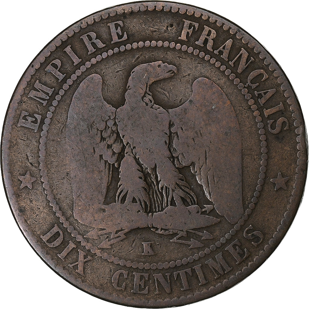 França, Napoleon III, 10 Centimes, 1855, Bordeaux, Bronze, F(12-15), KM:771.5