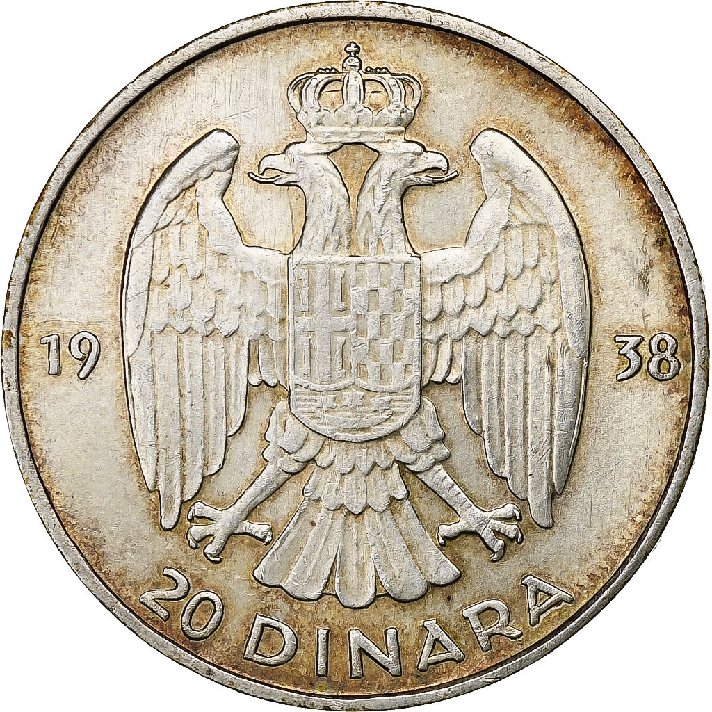 Jugosławia, Petar II, 20 Dinara, 1938, Srebro, AU(50-53), KM:23