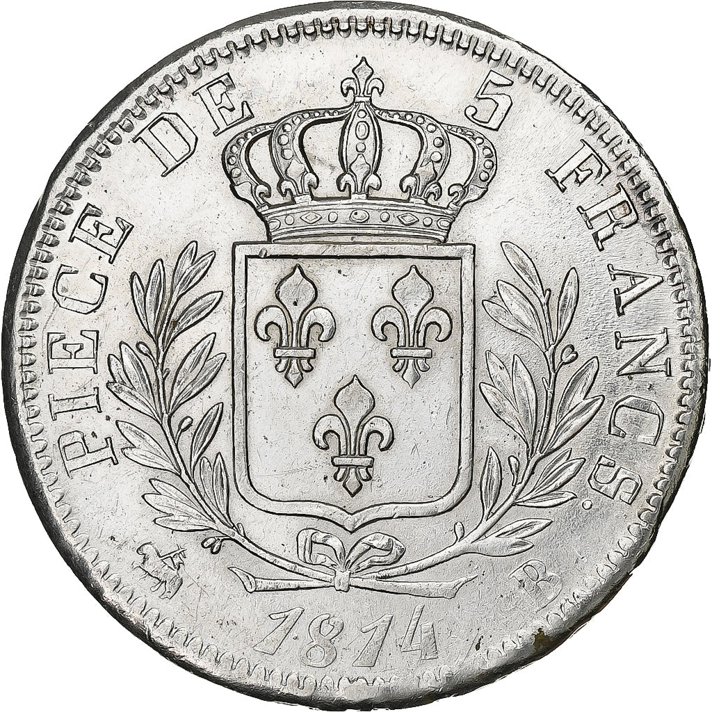Francia, Louis XVIII, 5 Francs, 1814, Rouen, Plata, MBC, Gadoury:591, KM:702.2