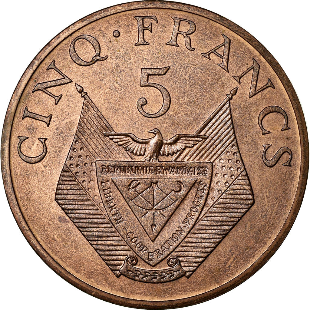 Coin, Rwanda, 5 Francs, 1977, MS(65-70), Bronze, KM:E5