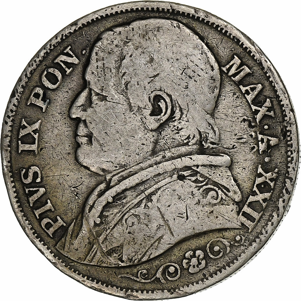 Estados italianos, PAPAL STATES, Pius IX, 2 Lire, 1867, Rome, Plata, BC+