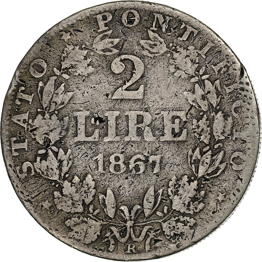Italiaanse staten, PAPAL STATES, Pius IX, 2 Lire, 1867, Rome, Zilver, FR