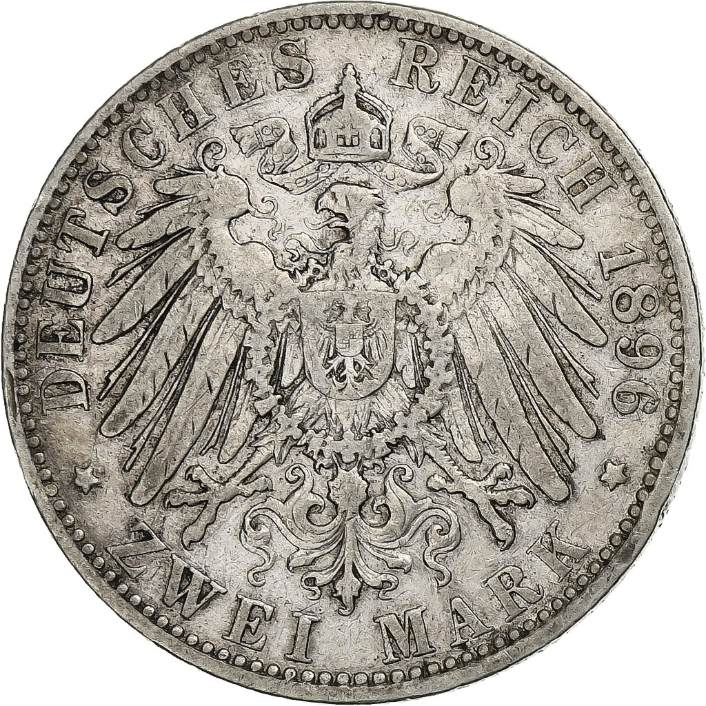 Estados alemanes, PRUSSIA, Wilhelm II, 2 Mark, 1896, Berlin, Plata, MBC, KM:522