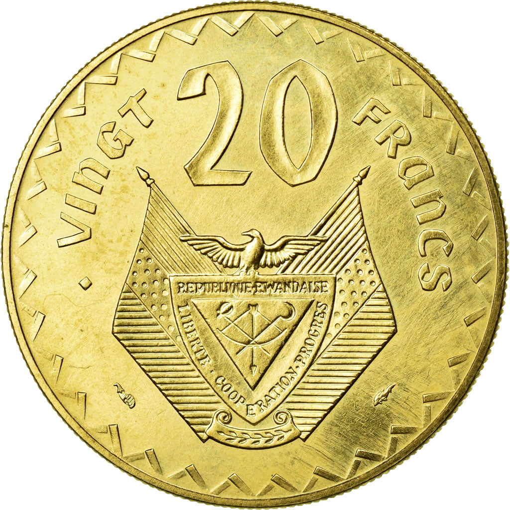 Moneta, Ruanda, 20 Francs, 1977, MS(65-70), Mosiądz, KM:E6