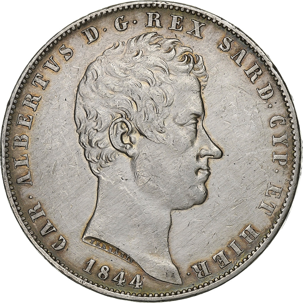 ITALIAN STATES, SARDINIA, Carlo Alberto, 5 Lire, 1844, Genoa, Silver, EF(40-45)