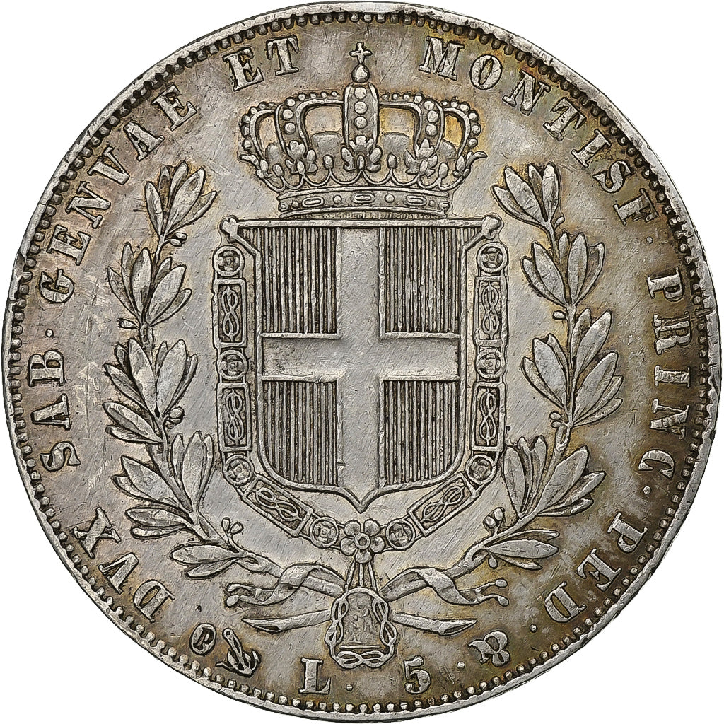 ITALIAN STATES, SARDINIA, Carlo Alberto, 5 Lire, 1844, Genoa, Silver, EF(40-45)