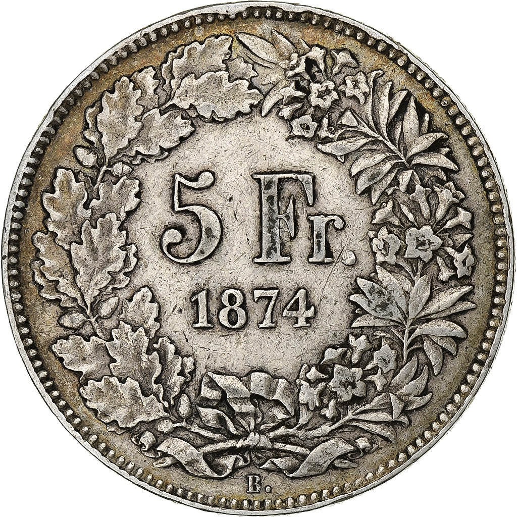 Suiza, 5 Francs, 1874, Brussels, Plata, MBC, KM:11