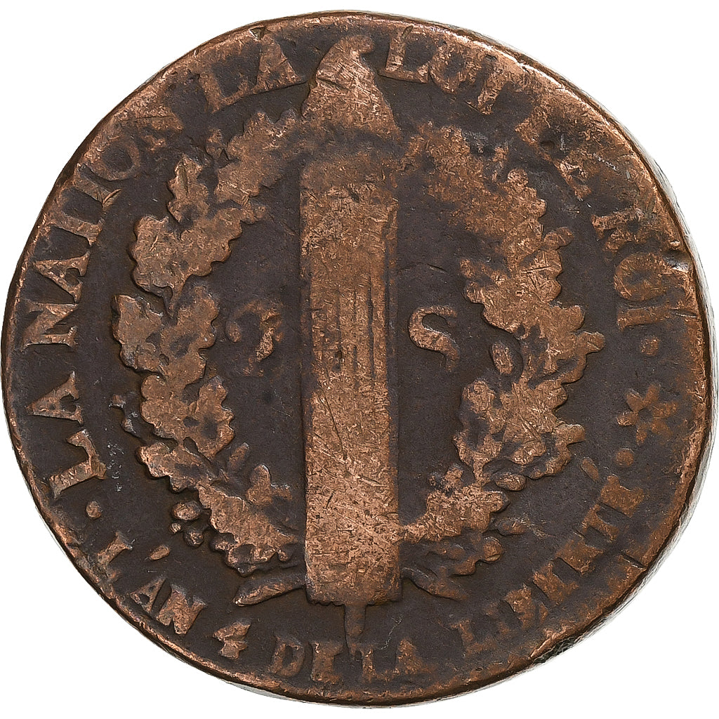 France, 2 Sols, 2 sols français, 1792 / AN 4, Strasbourg, Bronze, TB