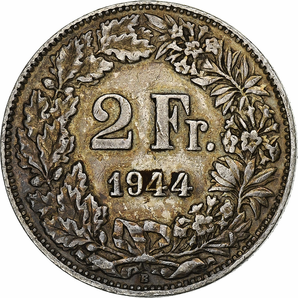Suíça, 2 Francs, 1944, Bern, Prata, EF(40-45), KM:21