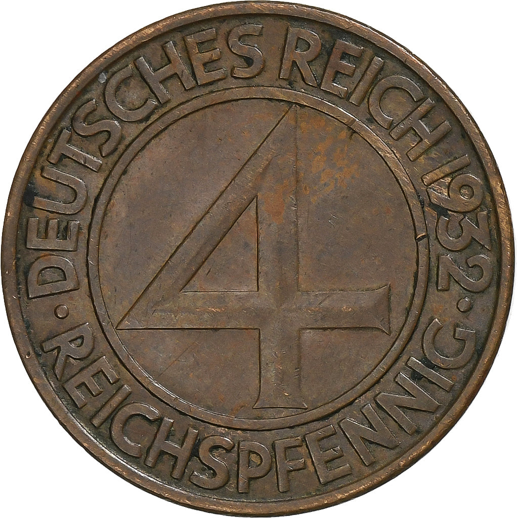 GERMANY, WEIMAR REPUBLIC, 4 Reichspfennig, 1932, Berlin, Bronze, EF(40-45)