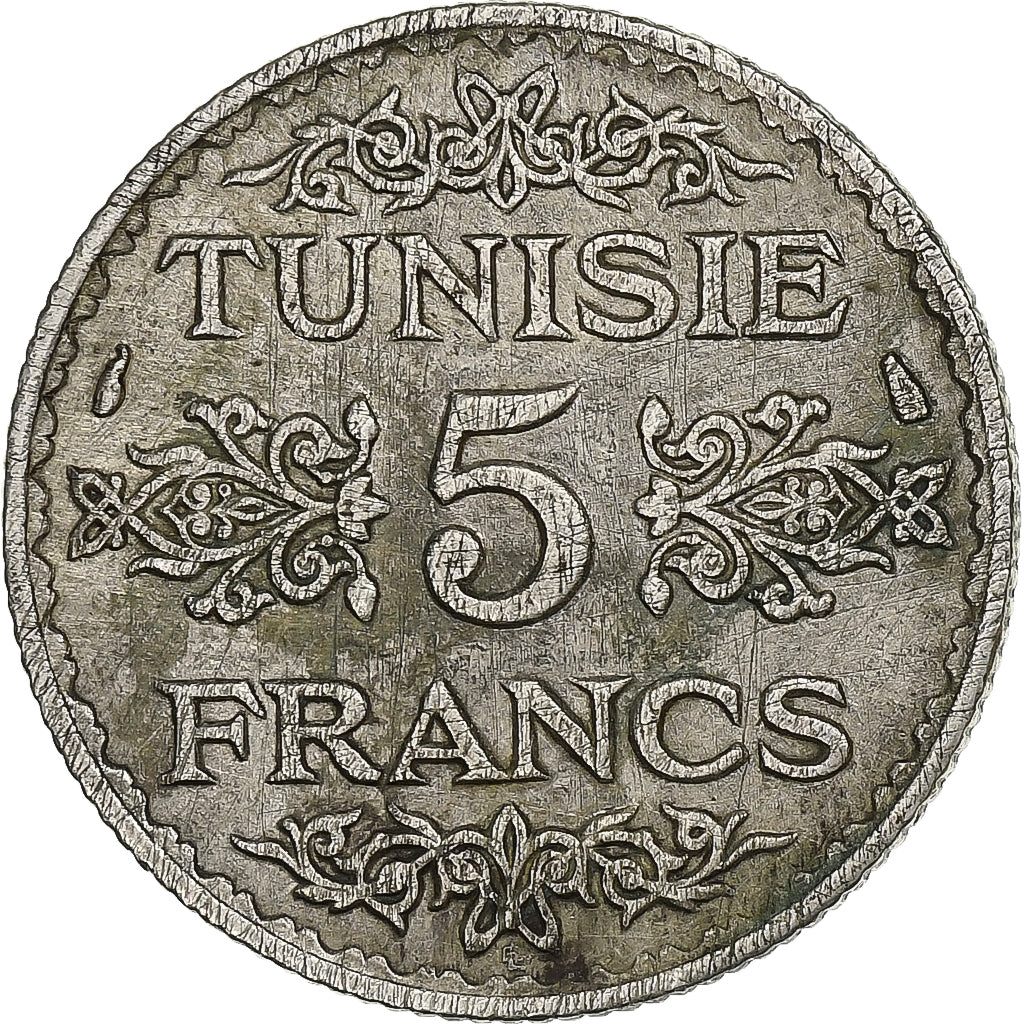 Tunisia, Ahmad Pasha Bey, 5 Francs, 1936/AH1355, Paris, Silver, EF(40-45)