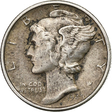 United States, Dime, Mercury, 1945, U.S. Mint, Silver, EF(40-45), KM:140
